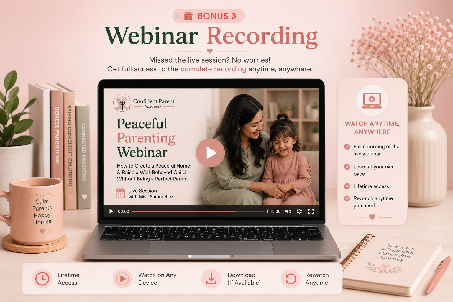 Webinar recording on a laptop — rewatch the full session anytime