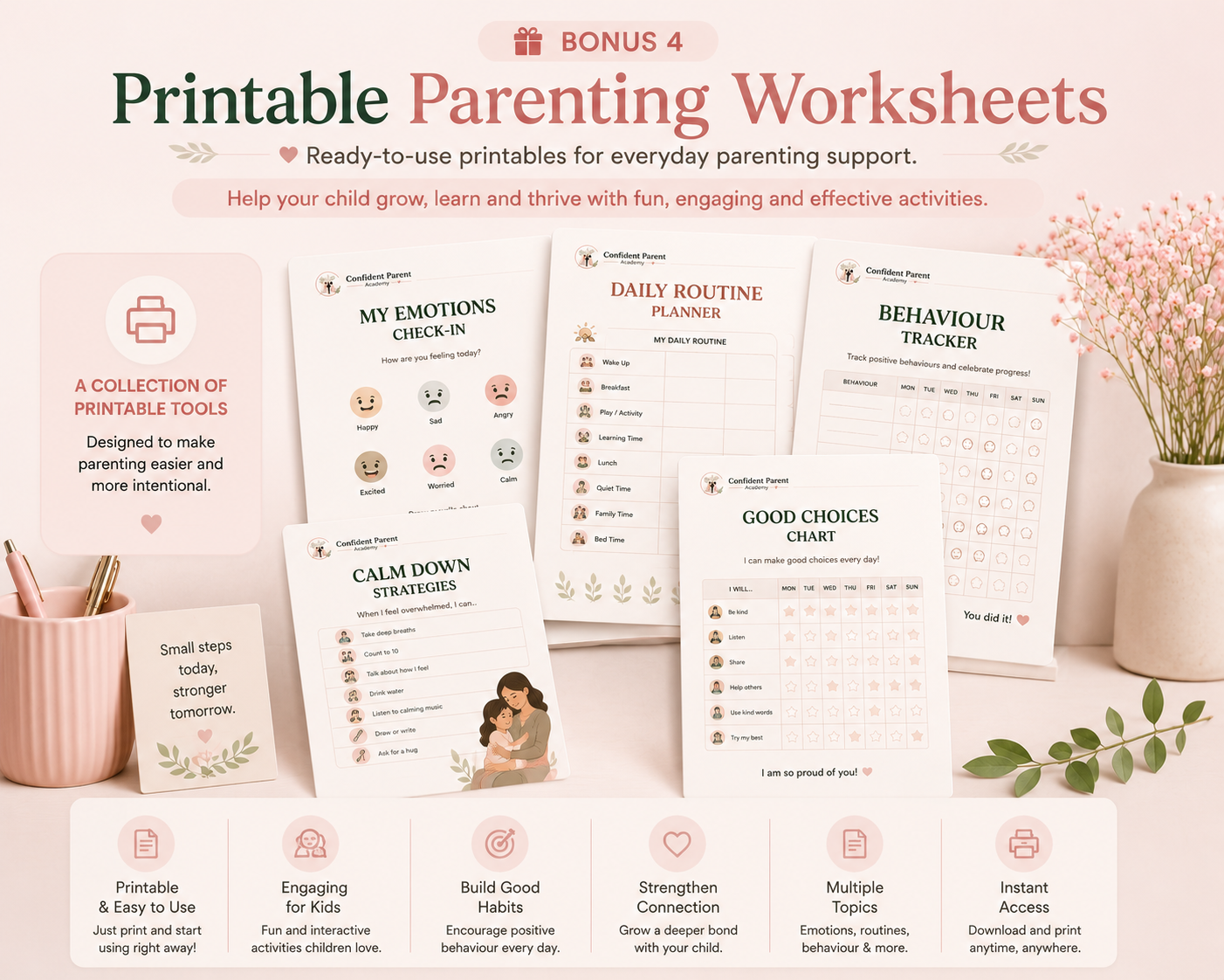Printable parenting worksheets — emotions check-in, daily routine planner, behaviour tracker and good-choices chart