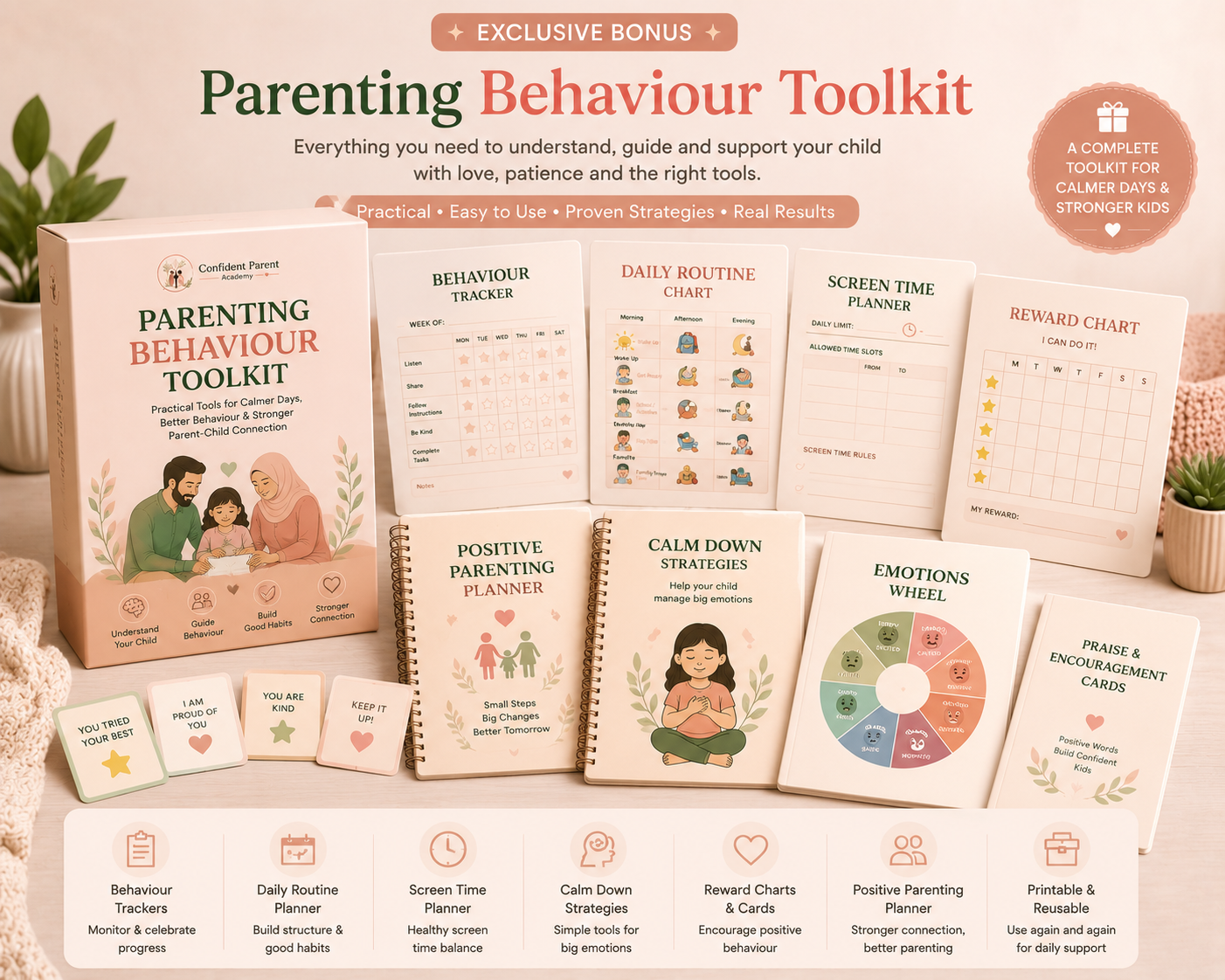 The complete Parenting Behaviour Toolkit — behaviour trackers, routine charts, reward charts, calm-down strategies, emotions wheel and encouragement cards