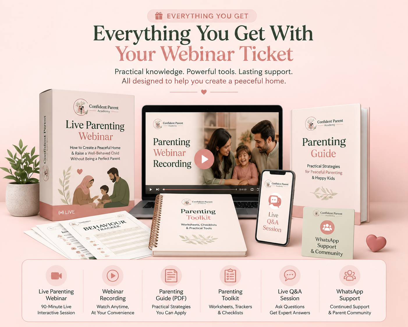Everything you get with your webinar ticket — live parenting webinar, recording, guide, toolkit, live Q&A and WhatsApp support