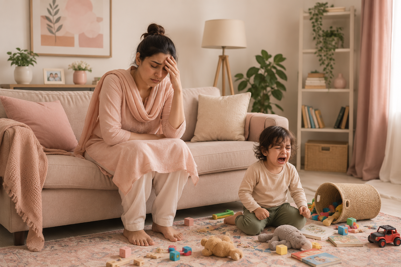An exhausted mother sitting on a sofa while her young child cries during a tantrum in a messy living room.