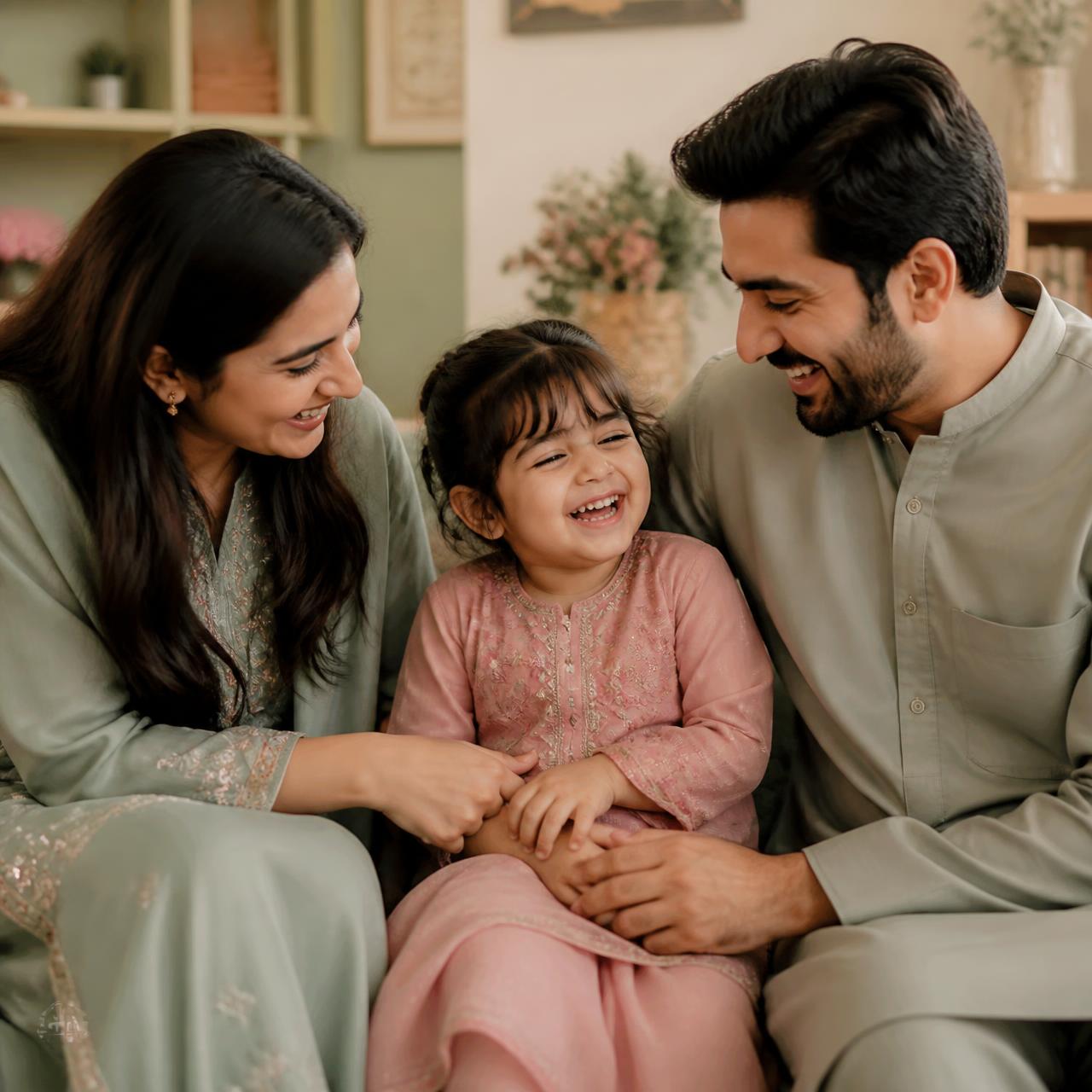 A happy Pakistani family — mother, father and child laughing together at home